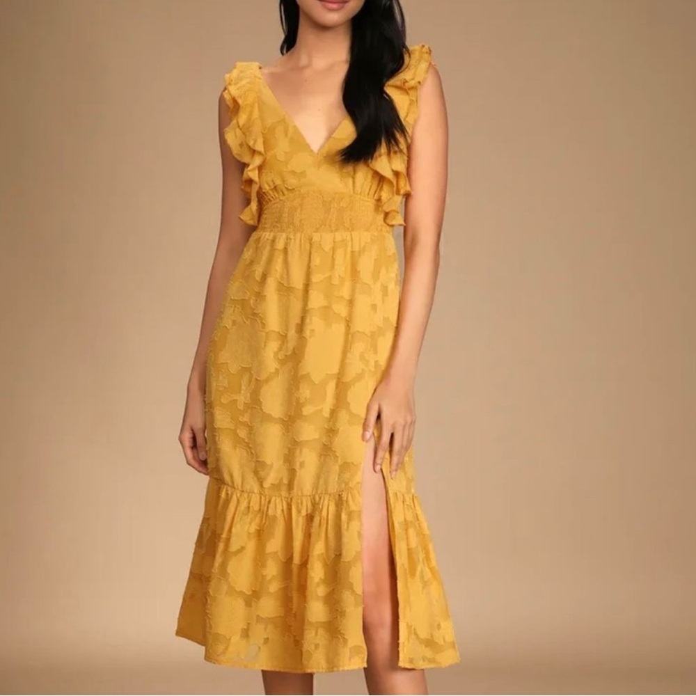 Lulu’s Absolutely Lovely Marigold Burnout Floral Tie Back Midi Dress